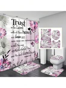 1pc/4pcs Floral & Bible Verse, Flower & Butterfly Print Multi-Function Bathroom Decor Set Incl. Waterproof Shower Curtain With 12 Hooks, Non-Slip Bath Mat, U-Shaped Toilet Mat & Round Toilet Lid Cover, Suitable For Entire Bathroom Back To School