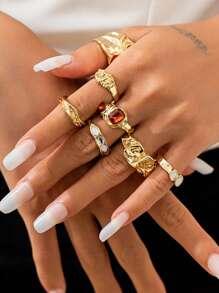 7pcs Vintage Liquid Wind Rings Set, Luxury Knuckle Rings For Women, Suitable For Parties, Gifts, And Daily Wear - Gold - View 2