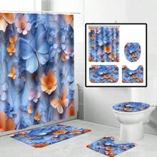 1/4pcs Artistic Floral & Butterfly Pattern Printed Waterproof Shower Curtain Set, Modern Minimalist Daily Elements, Bathroom Decor With 12 Hooks, Toilet Mat, Bathtub Curtain, Polyester Fabric, Machine Washable, Suitable As Gift For Hotel, Apartment, Home - Multicolor - View 19