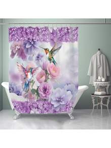 1 Pc/4 Pcs Hummingbird, Butterfly & Floral Pattern Multi-Functional Waterproof Bathroom Shower Curtain With 12 Hooks, Non-Slip Bath Mat, U-Shaped Toilet Mat & Round Toilet Lid Cover, Bathroom Set For Full Scene Use Back To School