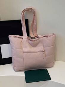 Bolso de tote acolchado de unicolor minimalista, esencial para primavera/verano. Ligero y práctico, con gran capacidad, con bolsillos, correa para el hombro, cierre con cremallera, doble correa para el hombro y un llamativo bolsillo para el brazo, adecuado para ir al trabajo, la escuela, de compras y almacenamiento. - Rosa Pálido - Ver 11