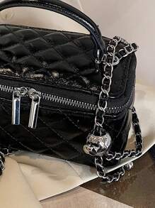 1pc Fashionable PU Quilted Embroidered Box Bag, Versatile Zipper Closure Small Square Handbag With Chain Strap For Women - Black - View 10