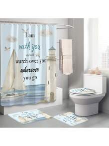 1 pièce/4 pièces Rideau de douche décoratif multifonction imperméable représentant un paysage marin avec phare, mouettes et bateau, avec 12 crochets, tapis de bain antidérapant, abattant de toilette en U, ensemble de salle de bain pour toutes les occasions, rentrée scolaire