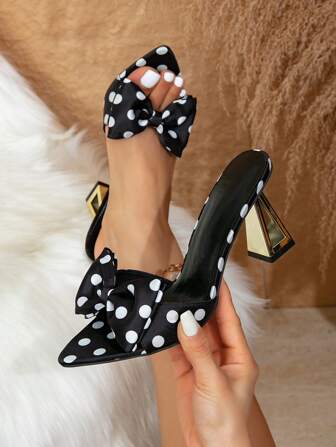 女士时尚性感派对尖头拼色蝴蝶结镂空镀金高跟凉鞋