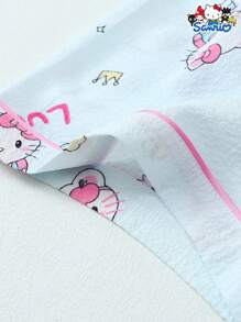 Set de 2 piezas de pijama para mujer de primavera/verano con parte superior de manga corta con botones y bolsillo con estampado de Hello Kitty de Sanrio y pantalones cortos con lazo, adecuado para uso en casa