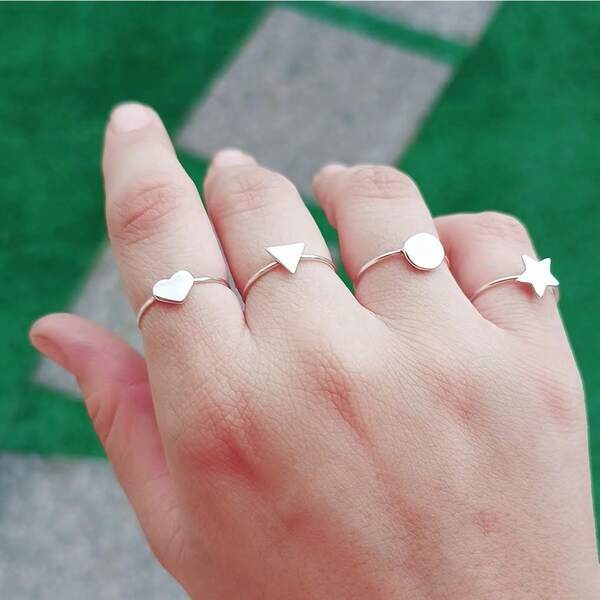 BAILARINA DE PRATA Kit 4 Anéis de Prata 925 Legítima Geométricos: Coração Estrela Triângulo Círculo Original Feminino