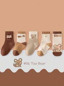 5 Pairs New Bear Pattern Socks For Kids, Versatile Crew Socks For Boys & Girls, Teens, Students, All Season