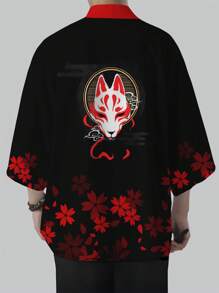 Men's Casual Fox Mask Silhouette Printed Kimono Shirt - Lightweight Polyester, Black With Red Floral Accents - Black - View 2