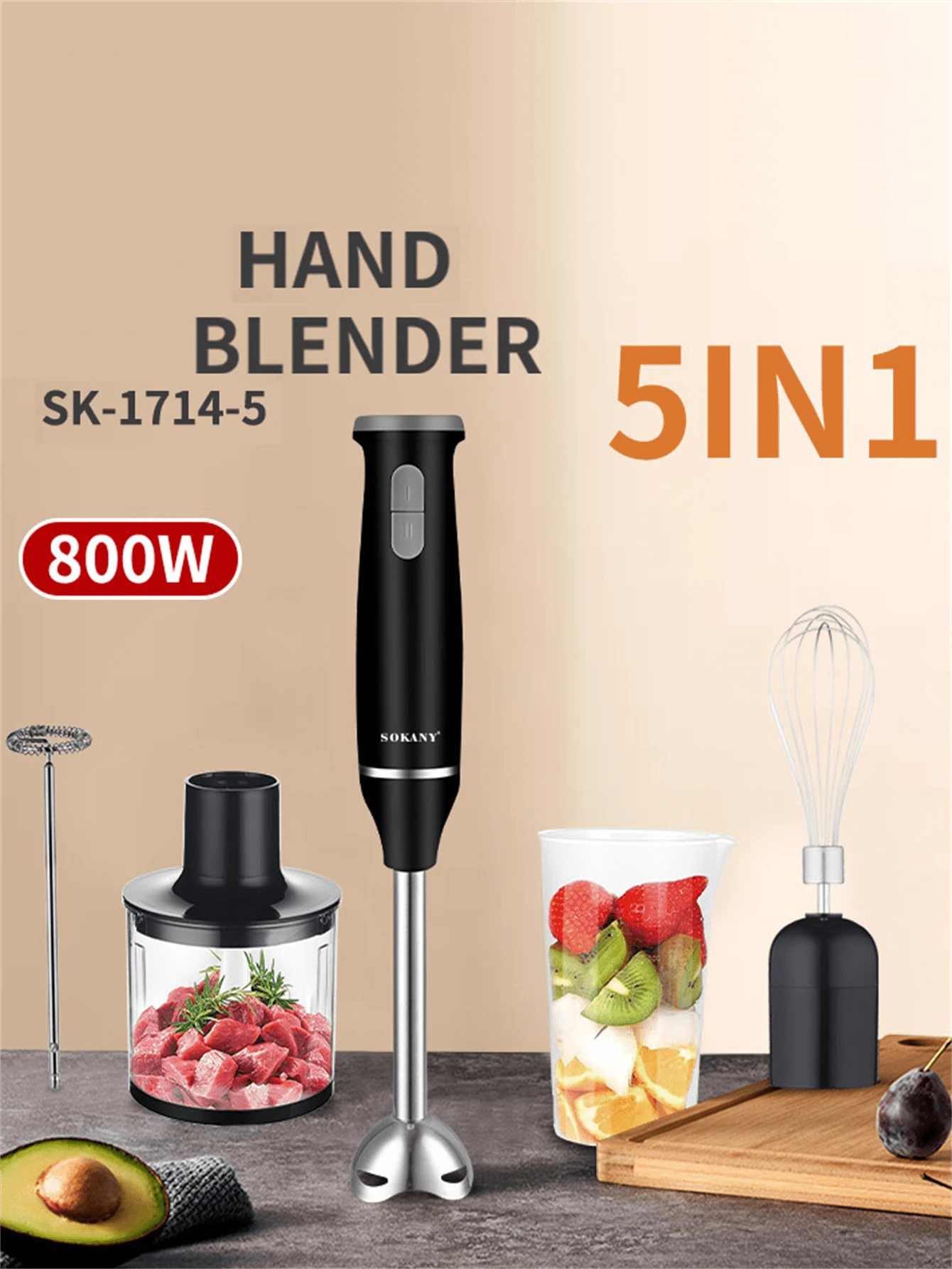 SOKANY 1个电动手持搅拌器，2档速度，4合1功能：[手持搅拌器、打蛋器、绞肉机、量杯]，适用于制作冰沙、汤和蘸酱，不锈钢材质 - 英規插(220-240V) - 查看 1