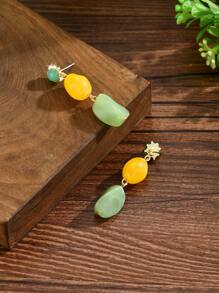 2pcs Set Elegant Fashion Bohemian Faux Jade Resin Pendant Tassels, Candy-Color ABS Resin & Golden Stud Earrings For Women, Versatile For Daily/Vacation Wear, Slight Color/Pattern Variation Is Normal Due To Resin Dyeing