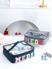 1 Piece Preppy Chenille Letter Patch Clear PVC Visible Top Cosmetic Bag With Handle , Large Capacity Travel Toiletry Makeup Zipper Pouch,Portable MEDS Medicine Storage Box Bag For Home And Travel Essentials Makeup Travel Toiletry Organizer Clear Essentials Gifts Storage Zipper Accessories Nail,Gifts For Women,Christmas Gifts,Gift Ideas For Women