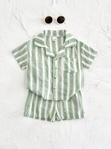 2 件套男婴绿色条纹休闲度假风格短袖衬衫 + 短裤，夏季