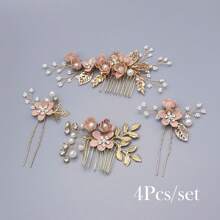2/3/4 piezas Pasador de pelo con flores y perlas de imitación para mujer, y 1 peineta para bodas, fiestas, tocados estilo bohemio