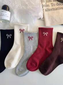 3 双儿童中筒袜带蝴蝶结，黑色袜子，白色袜子，灰色袜子，红色袜子，适合所有季节，颜色随机 - 彩色 - 查看 11