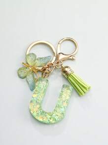 1 件创意绿色蝴蝶流苏钥匙扣带字母石树脂配件，女孩钥匙圈