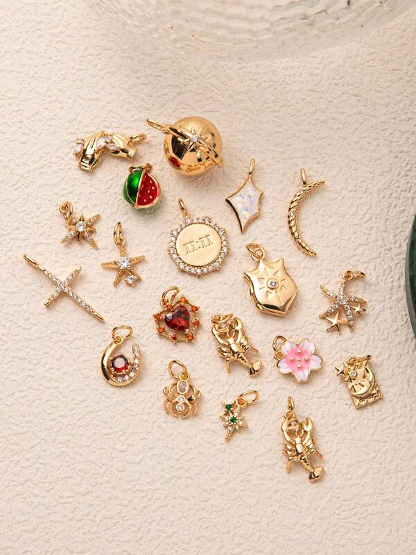 1Pc 18K Gold Plated Zodiac & Ocean Charms, Astrology, Sun & Moon, Evil Eye, Starfish, Cross, Vintage Pendant For DIY Jewelry Making