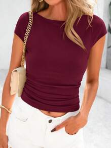 Women Summer Short Sleeve Y2K Shirt Crew Neck Ribbed Knit Stretchy Ruched Slim Fit Basic T-Shirt Workout Street Going Out Tee Shirt Tops - 酒紅色 - 查看 1