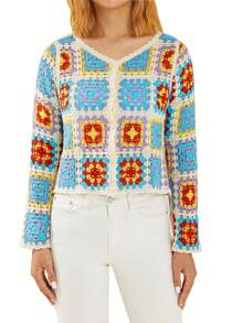 Suéteres tipo cárdigan de rayas cuadradas para mujer, de manga larga, con botones, de punto grueso, de gran tamaño, para otoño e invierno. - Azul - Ver 1