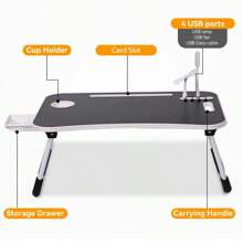 Foldable Laptop Bed Desk With USB Charging Ports, Pad & Cup Holder, Drawer For Eating, Reading And Working -Free Mini USB Lamp & Fan - màu đen - Xem 4