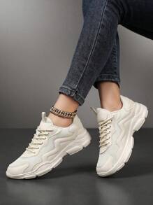 Women's Casual Sneakers, Slip-Resistant Thick-Soled Women's Chunky Sneakers, Fashionable Versatile Soft-Soled Non-Slip Odor-Resistant Women's Casual Shoes, Knit Mesh Breathable Women's Mesh Shoes For Outdoor Gatherings Comfortable Lightweight Hiking Shoes Fashionable Thick-Soled Casual Sports Shoes For Teenagers And Students - Beige - View 5