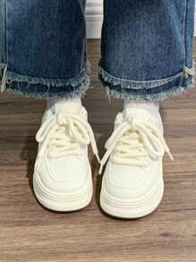 2025 春季新款厚底白色运动鞋，女士学生跑步运动休闲鞋 - 米色 - 查看 4