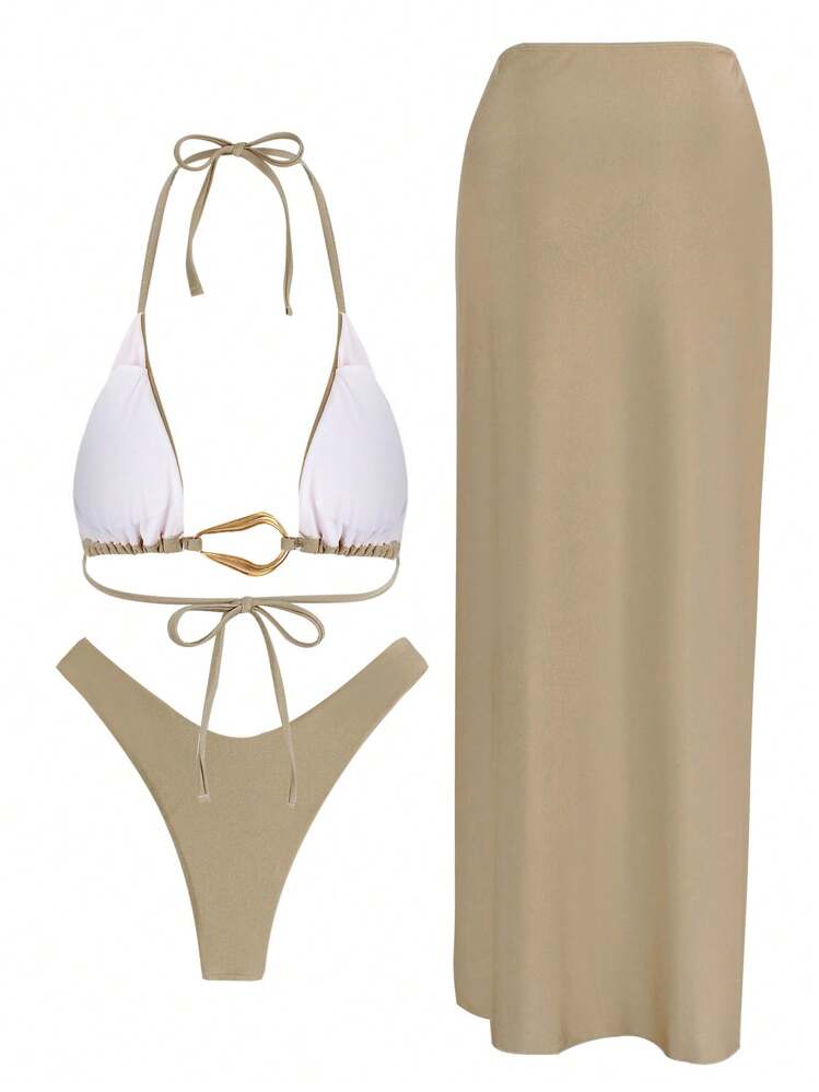 Maiô Bikini de Cor Sólida Elegante com 3 Peças, Sexy e Chique para Praia, Férias, Festa, Encontro, Primavera/Verão - Caqui - Visão 3