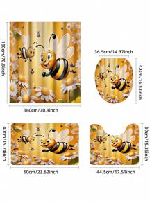 1-4 件套浴室套装包括可爱的蜜蜂和花朵印花浴帘、柔软法兰绒海绵浴室垫、防滑马桶 U 型垫、干湿分离浴室垫装饰