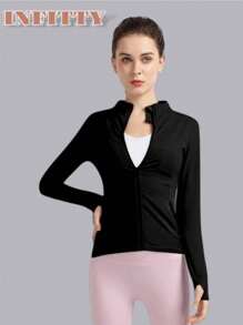 Zipper Front Fitted Running Top, Breathable Naked Feeling Yoga Training Quick-Dry Jacket - Black - View 4