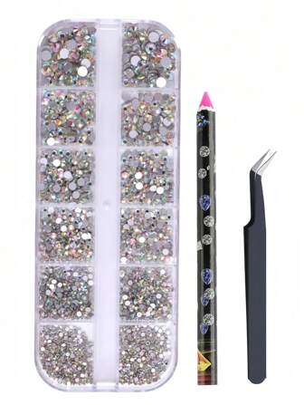 AB Crystal Nail Rhinestone Kit - Multi-Size Flat Bottom Gems With Tweezers & Crayons For DIY Nail Art, Odorless, Nail Charms