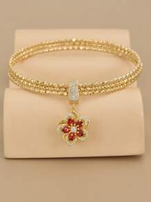 1pc Stainless Steel 5-Petal Zirconia Rotatable Bangle Bracelet Set, Luxury For Women