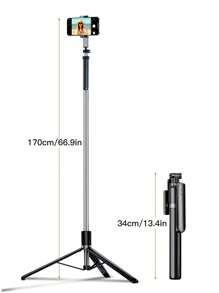 170cm/ 66.9-Inch Remote Control Bluetooth Alloy Selfie Stick Mobile Phone Stand, LED Fill Light, Suitable For Shooting Video, Recording Life, Telescopic, 360° Rotation, Anti-Shake, Folding Portable Three-Legged Handheld/Ground Selfie Stick