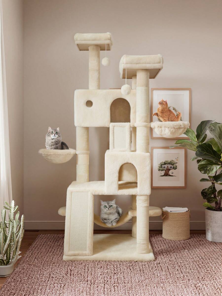 SHA CERLIN 65 In Larger Cat Tree Tower Condo For Indoor Cats, Multi-Level Furniture Activity Center With Wide Base/Cozy Plush Cat Perches/Baskets/Sisal Scratching Posts And Hammock * Bed Frame Queen Queen Bed Frame Bed Frame Full Full Size Bed Frame King Size Bed Frame Twin Bed Frame Room Decor Home Decor Christmas Decor Bedroom Decor Valentine Day Decor Storage Living Room Decor Furniture House Decor - 米色 - 查看 1