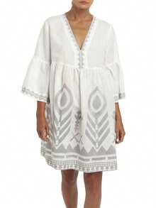 Cccoqdj Women's Embroidered Mini Dress Summer Nightgown 3/4 Sleeve V Neck Pattern Print Short Nightdress Boho Tunic Dress - 灰白色 - 查看 2