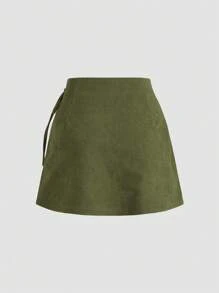 Women's Corduroy Asymmetric Hem Mid Rise Solid Knotted Mini Skirt, For Summer - Green - View 2