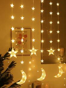 1条2米/2.56英尺69颗LED室内装饰星月帘灯，电池供电，闪光灯，卧室墙面装饰仙女LED月亮串灯，婚礼派对装饰星光灯串，户外装饰星光灯，情人节装饰灯串 - 彩色 - 查看 6