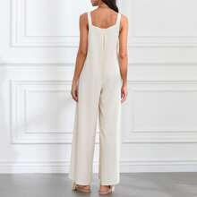 Women Wide Leg Overalls Sleeveless Jumpsuits Loose Solid Color Suspender Comfy Baggy Button Rompers With Pockets - Beige - View 4
