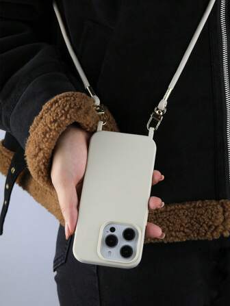 奶油色乳白色纯色手机壳带斜挎挂绳适用于 16 15 14 13 12 11 Pro Max Plus 防水防震防摔防刮