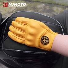 MJMOTO 复古黄色皮革摩托车手套老式男士摩托车赛车手套触摸屏透气摩托骑行者越野摩托车手套