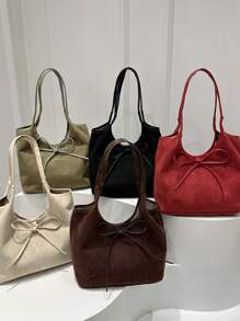 1PC Vintage Suede Casual Shoulder Handbag, Letter Embossed Bow Decoration Drawstring, Large Capacity - Black - View 10