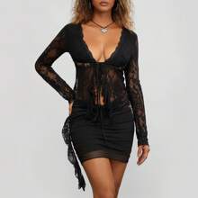 Women Summer Skirts Outfits Lace Low-Cut Tie-Up Front Long Sleeve Ruffles Crop Tops Mini Skirt 2 Pieces Clothes Set - 黑色 - 查看 2