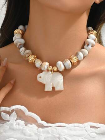 1pc High-End Elegant Sexy Bohemian Jade-Color Resin Block With Gold Nugget Asymmetrical CCB Beaded Necklace For Women, Featuring Faux Amber Beads, Dark Green Beads, Deep Red Floral Beads, Multi-Color Crackle Beads, And Leopard Print Oval Pendant, Handmade With Adjustable Length, Perfect For Parties, Weddings, And Jewelry Gifts