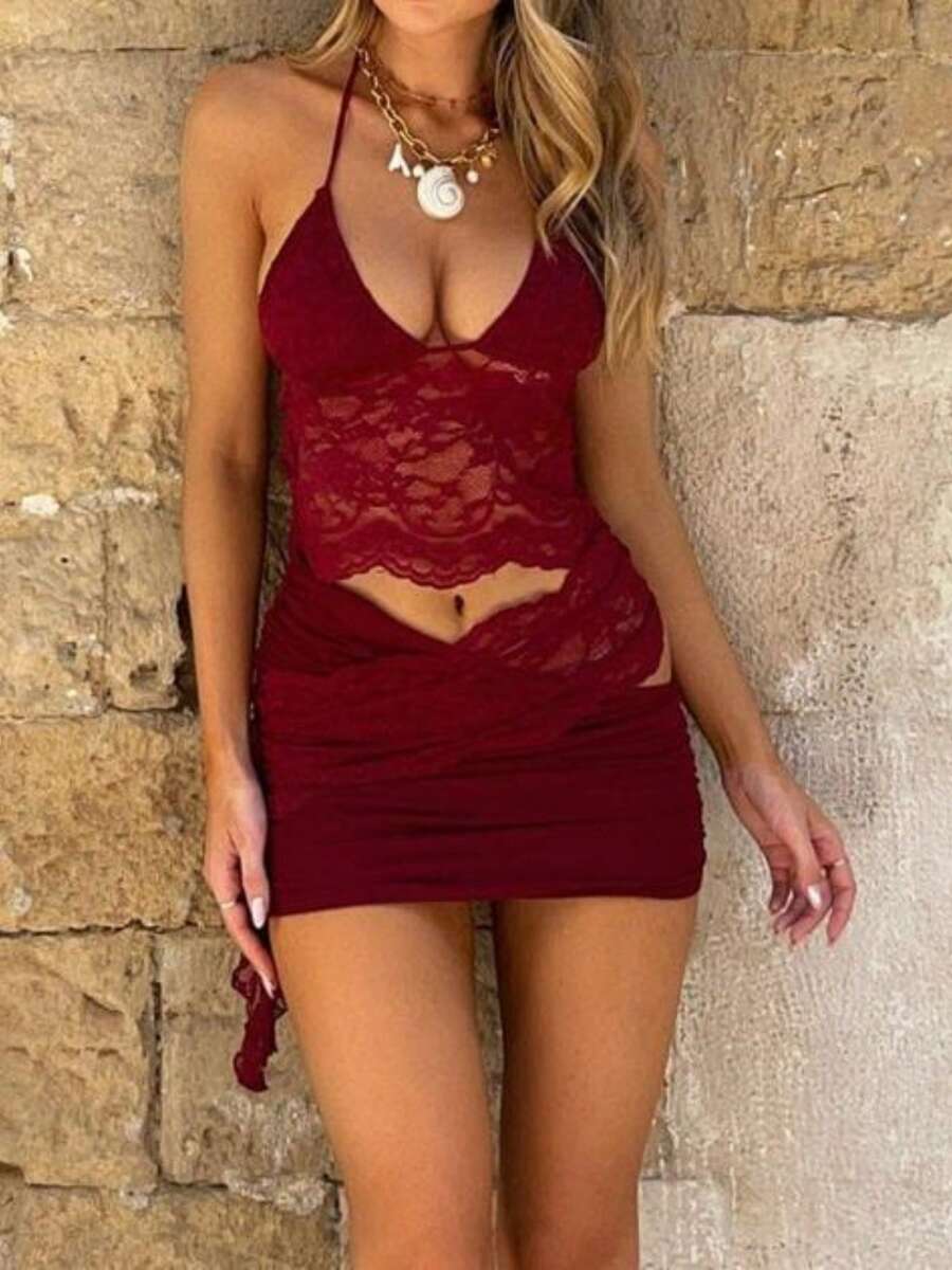 Women 2 Pieces Mini Skirt Set Sleeveless Lace Flower Halter Crop Tank Tops Low Rise Bodycon Skirts Sheer Mesh Y2k Matching Sets Coquette Summer Going Out Outfit Party Clubwear - 紅色 - 查看 1