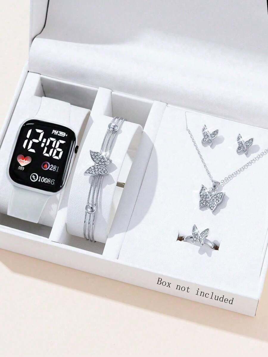 6 Stücke/Set LED Liebesuhr + Legierungs-Diamant Schmuckset mit kleinem Schmetterling/Schleierkraut/Herz/Schleife/Krone, bestehend aus Halskette, Armband, Ohrstecker, Ring, geeignet für den täglichen Gebrauch, schlicht und elegant, die beste Wahl für Halloween, Weihnachten, Valentinstag, Muttertag, Urlaubsgeschenke