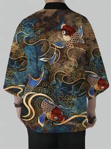 男式锦鲤印花和服风格休闲沙滩衬衫 - 芥末黃 - 查看 2