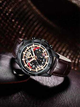 BIDEN 1件装男士多功能计时腕表，时尚商务风，镂空夜光表盘，真皮表带，男士日期显示防水石英表，适合日常佩戴，是开学季、毕业季、父亲节、感恩节的最佳礼物+礼盒套装