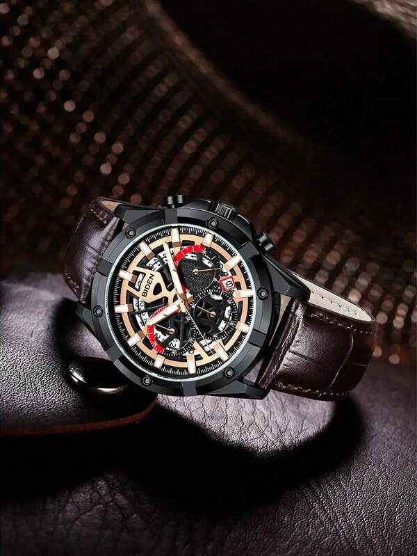 BIDEN 1PC Men's Multifunctional Chronograph Watch, Fashionable Business, Hollowed Out Luminous Dial, Leather Strap, Men's Date Waterproof Quartz Watch, Suitable For Daily Wear, The Best Gift For School Season, Graduation Season, Father's Day, Thanksgiving+Gift Box Set