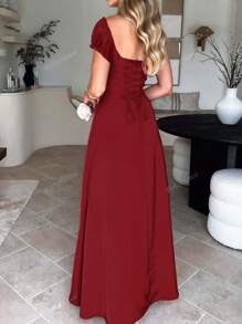 PoPoHouse Women's Solid-Color Bohemian Vacation-Style Dress With A Low-Cut Off-The-Shoulder Neckline And Back Tie Detailing.