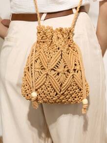 女士编织小手提包，新款时尚柳条斜挎包，小众小众沙滩单肩包，百搭方形信封式别致斜挎包，沙滩度假包，沙滩钱包，夏季、度假和日常使用的完美之选 - 卡其色 - 查看 3