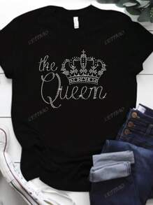 Maglietta casual da donna a girocollo e maniche corte, con decorazioni in strass a forma di corona e lettera, di stile minimalista, adatta per l'uso quotidiano