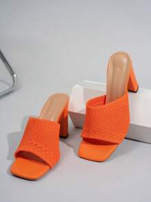 Damen Offener Zehenpartie Slide Sandalen mit dekorativem Riemen, atmungsaktiver einfarbiger Stoffstoff, eckige Zehenpartie, minimalistischer modischer Stil, geeignet für Shopping, Reisen, Partys, Dates, orangefarbenes gestricktes Material Sommer Damen High Heel Slide Sandalen